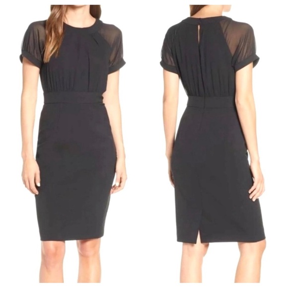 Vince Camuto Sheer Illusion Short Sleeve Crepe Chiffon Sheath Career Dress - Picture 5 of 14